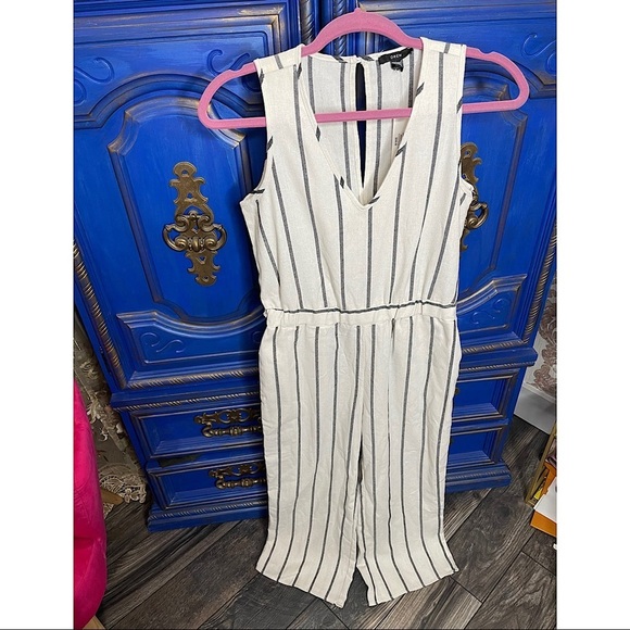 New! Anthropologie DREW Pinstriped Drawstring Sleeveless Jumpsuit Romper XS - Picture 1 of 3